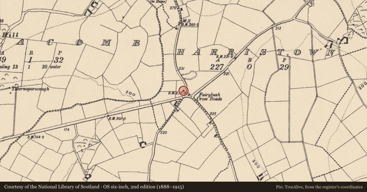 Ordnance Survey six-inch map, 2nd edition (1888–1915) covering the location of Ritual site - holy tree/bush, Harristown, County Waterford, with a pin at the register's coordinates