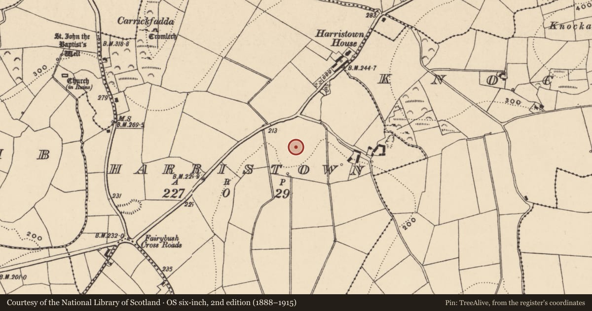 Ordnance Survey six-inch map, 2nd edition (1888–1915) covering the location of Settlement deserted - medieval, Harristown, County Waterford, with a pin at the register's coordinates
