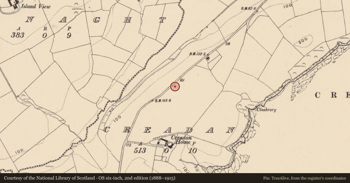 Ordnance Survey six-inch map, 2nd edition (1888–1915) covering the location of Ring-ditch, Creadan, County Waterford, with a pin at the register's coordinates