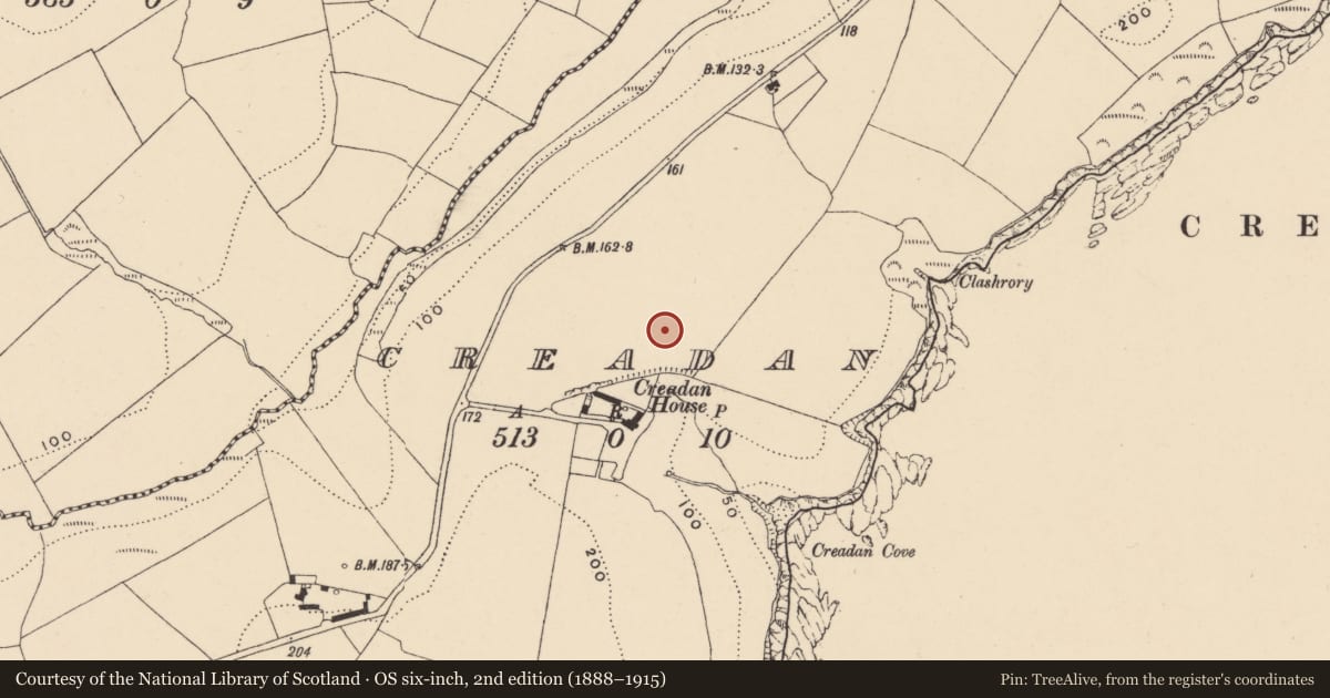Ordnance Survey six-inch map, 2nd edition (1888–1915) covering the location of Field boundary, Creadan, County Waterford, with a pin at the register's coordinates