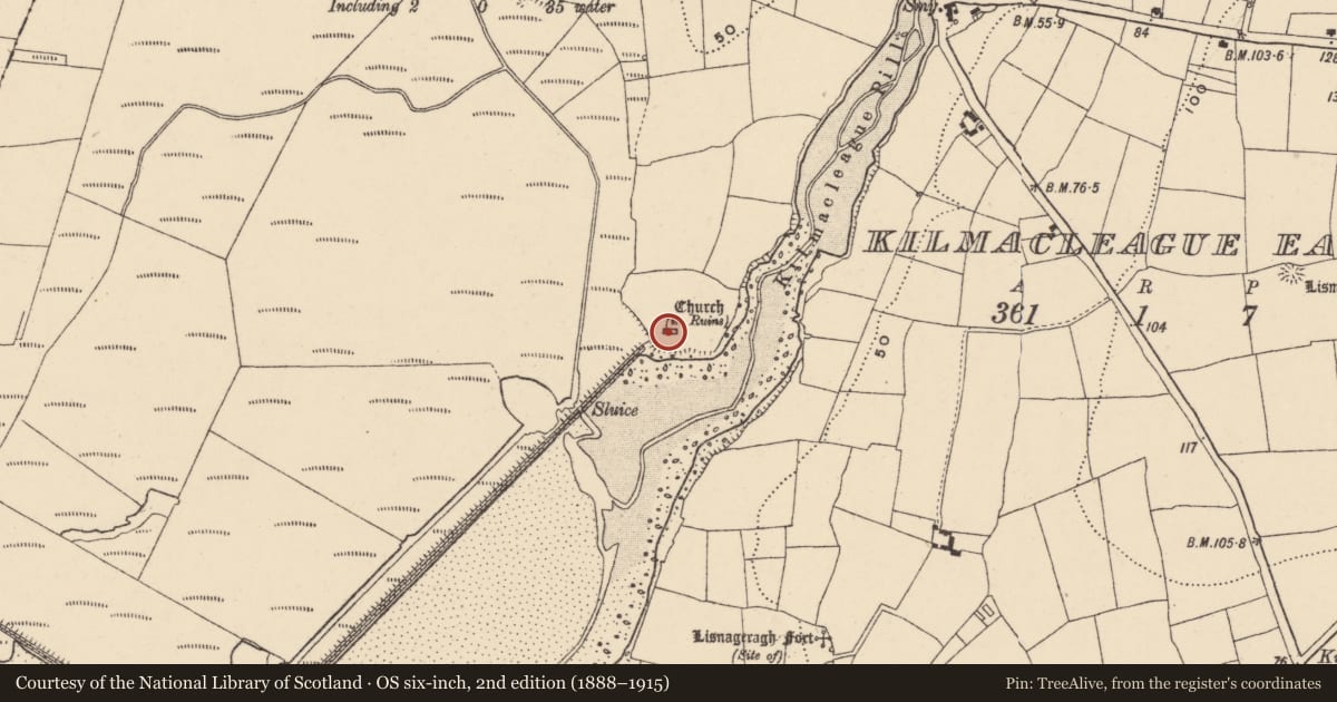 Ordnance Survey six-inch map, 2nd edition (1888–1915) covering the location of Church, Kilmacleague West, County Waterford, with a pin at the register's coordinates