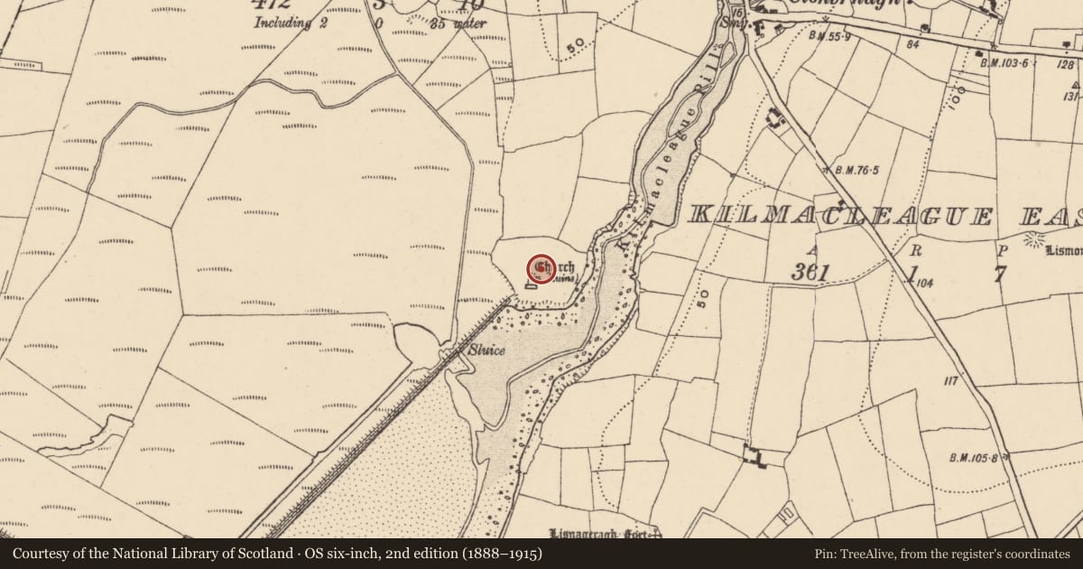 Ordnance Survey six-inch map, 2nd edition (1888–1915) covering the location of Field boundary, Kilmacleague West, County Waterford, with a pin at the register's coordinates