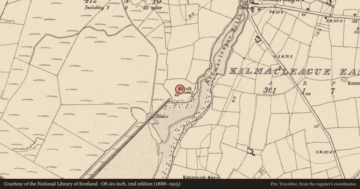 Ordnance Survey six-inch map, 2nd edition (1888–1915) covering the location of Road - road/trackway, Kilmacleague West, County Waterford, with a pin at the register's coordinates