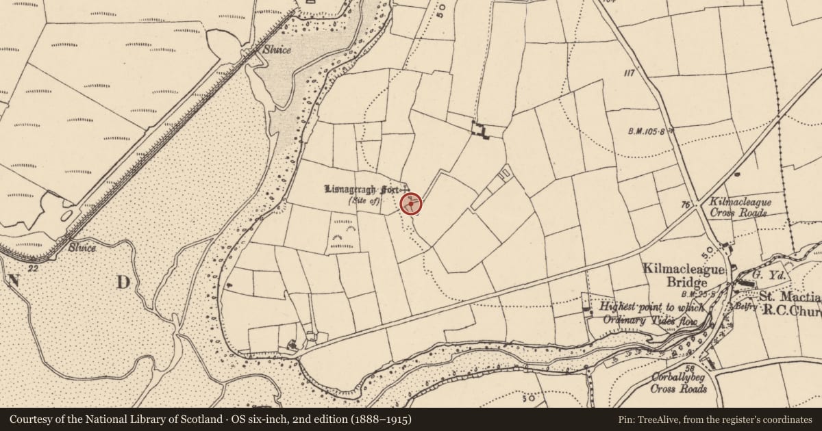 Ordnance Survey six-inch map, 2nd edition (1888–1915) covering the location of Ringfort - unclassified, Kilmacleague East, County Waterford, with a pin at the register's coordinates
