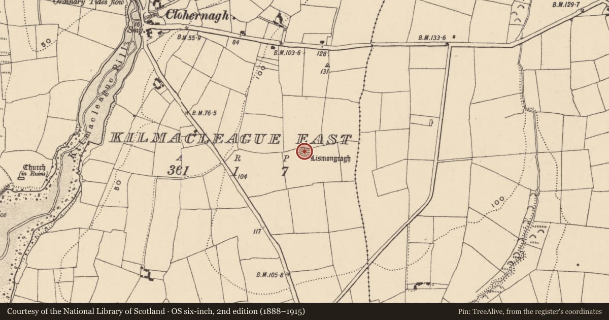 Ordnance Survey six-inch map, 2nd edition (1888–1915) covering the location of Ringfort - rath, Kilmacleague East, County Waterford, with a pin at the register's coordinates