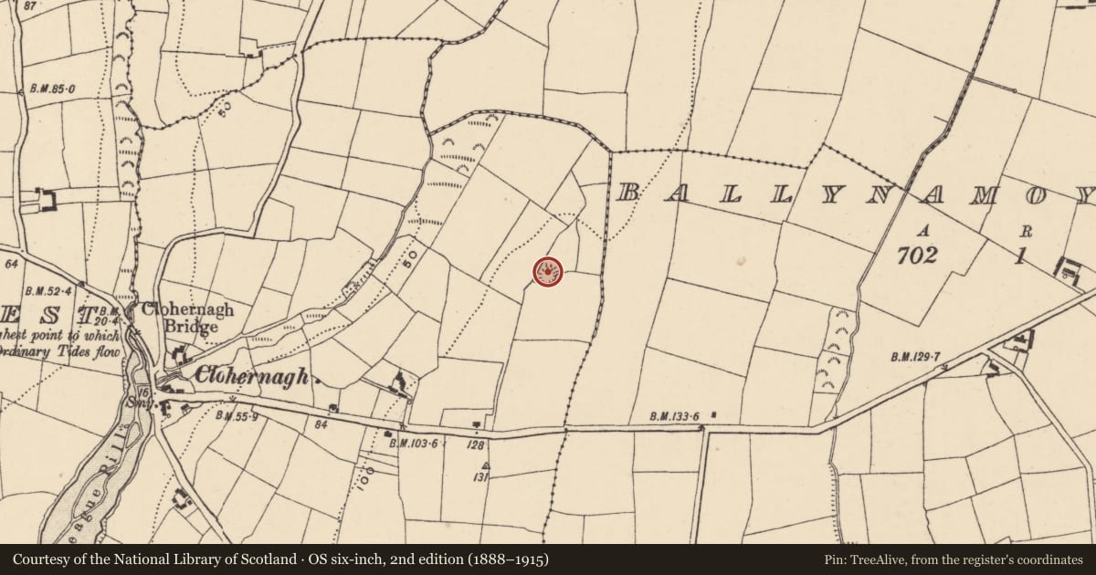 Ordnance Survey six-inch map, 2nd edition (1888–1915) covering the location of Ringfort - unclassified, Kilmacleague East, County Waterford, with a pin at the register's coordinates