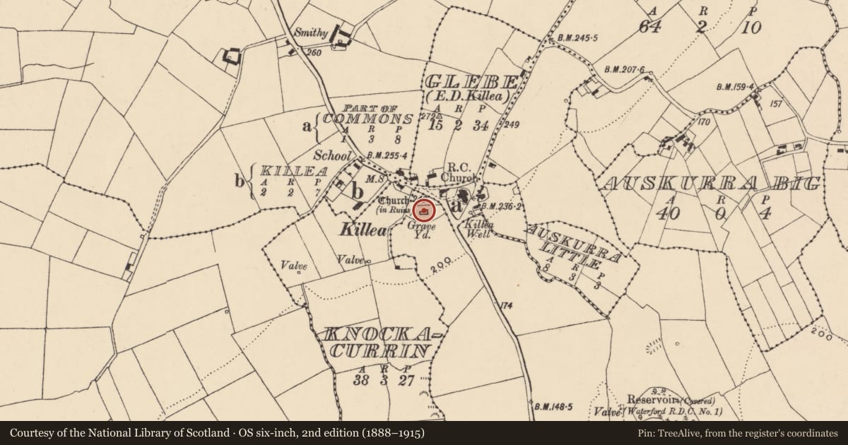 Ordnance Survey six-inch map, 2nd edition (1888–1915) covering the location of Church, Dunmore, County Waterford, with a pin at the register's coordinates