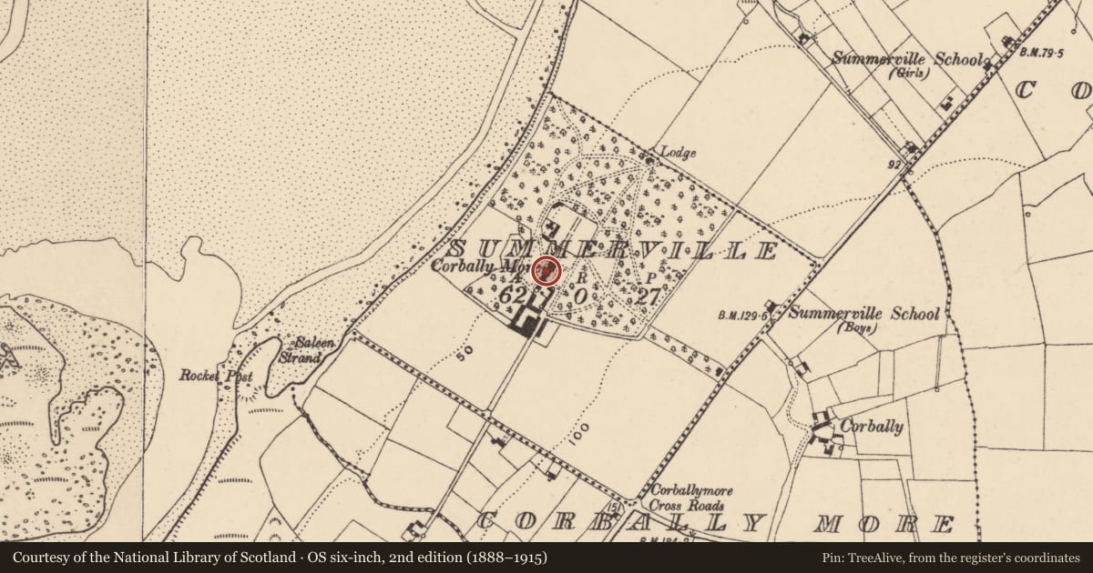 Ordnance Survey six-inch map, 2nd edition (1888–1915) covering the location of House - 17th century, Summerville, County Waterford, with a pin at the register's coordinates