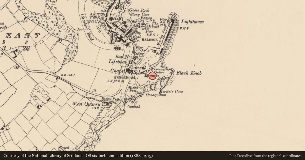 Ordnance Survey six-inch map, 2nd edition (1888–1915) covering the location of Promontory fort - coastal, Dunmore, County Waterford, with a pin at the register's coordinates