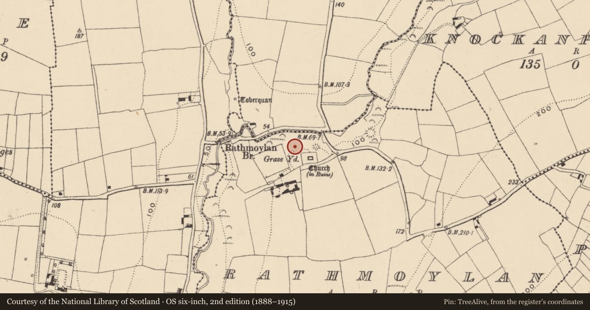 Ordnance Survey six-inch map, 2nd edition (1888–1915) covering the location of Field system, Rathmoylan, County Waterford, with a pin at the register's coordinates