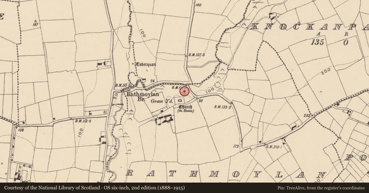 Ordnance Survey six-inch map, 2nd edition (1888–1915) covering the location of Enclosure, Rathmoylan, County Waterford, with a pin at the register's coordinates