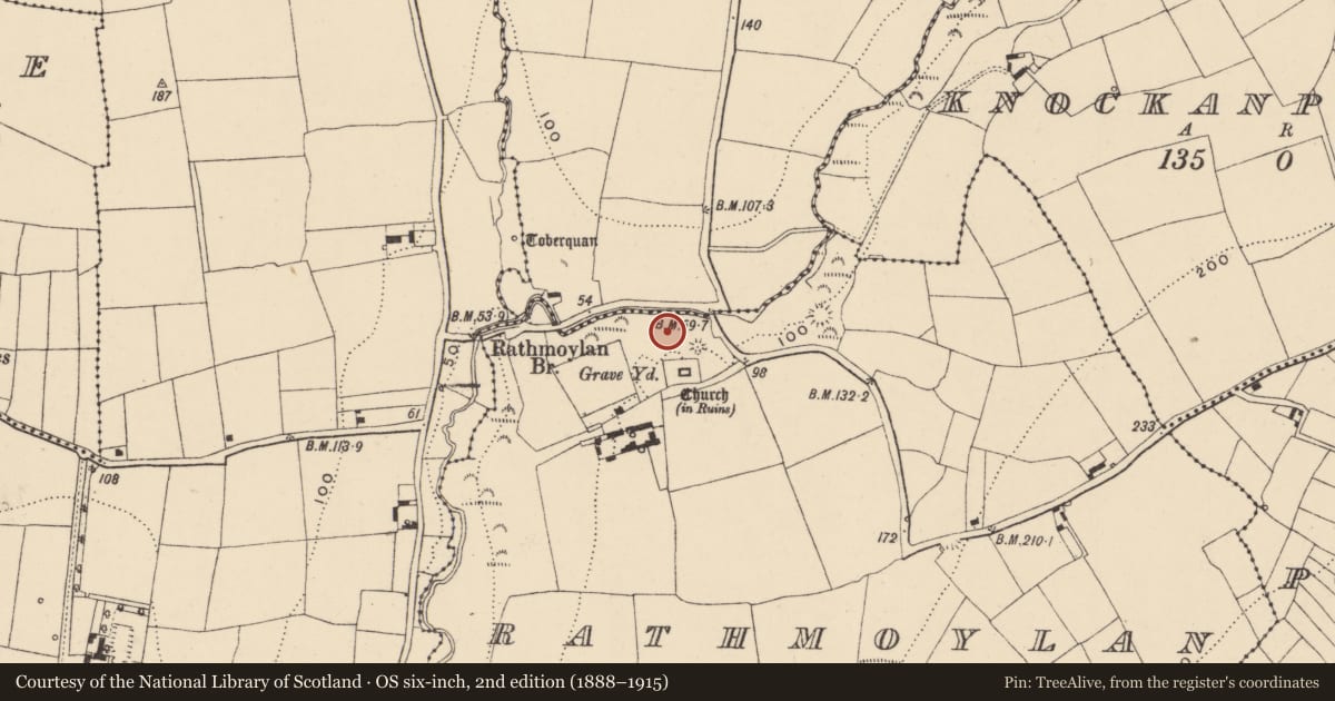 Ordnance Survey six-inch map, 2nd edition (1888–1915) covering the location of Midden, Rathmoylan, County Waterford, with a pin at the register's coordinates