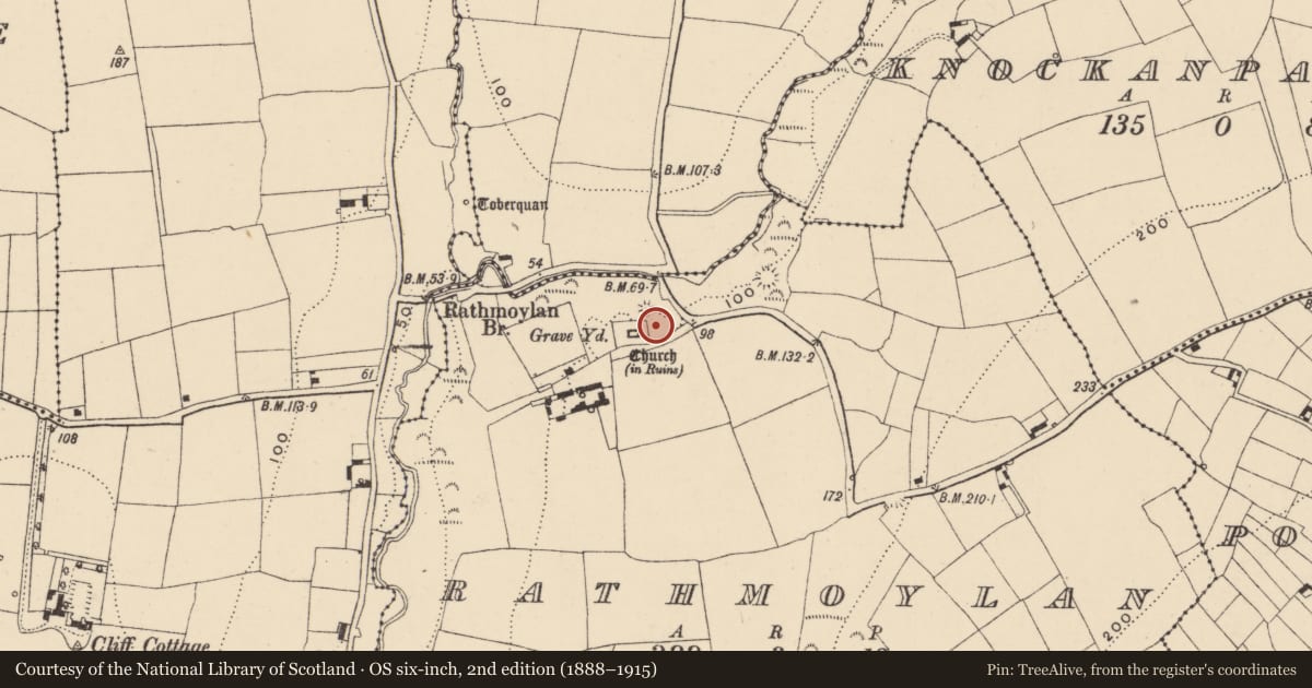 Ordnance Survey six-inch map, 2nd edition (1888–1915) covering the location of Metalworking site, Rathmoylan, County Waterford, with a pin at the register's coordinates