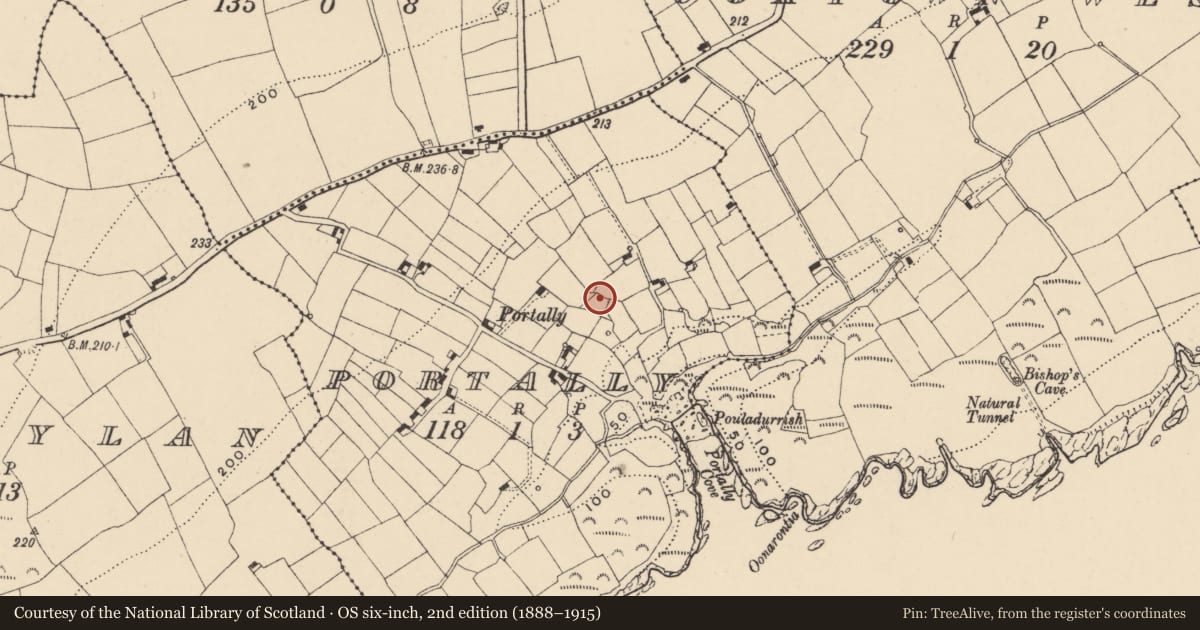 Ordnance Survey six-inch map, 2nd edition (1888–1915) covering the location of Mound, Portally, County Waterford, with a pin at the register's coordinates