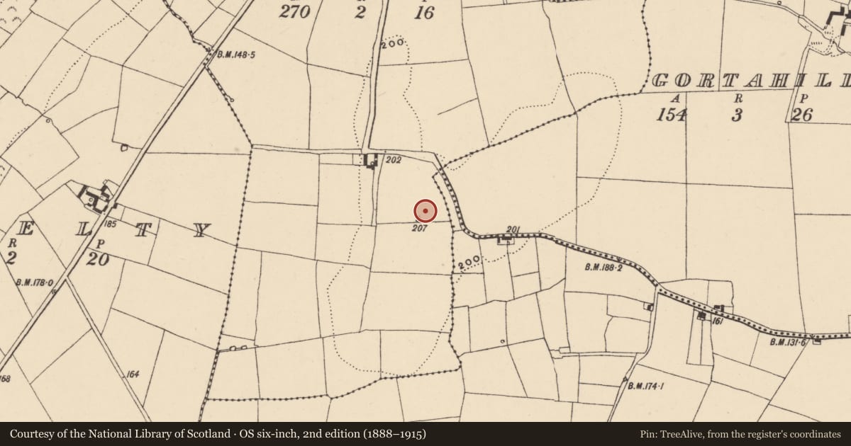 Ordnance Survey six-inch map, 2nd edition (1888–1915) covering the location of Standing stone, Corbally More, County Waterford, with a pin at the register's coordinates