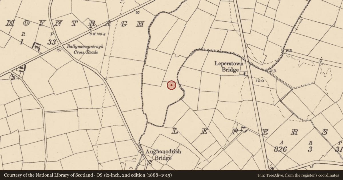 Ordnance Survey six-inch map, 2nd edition (1888–1915) covering the location of Enclosure, Kilmacomb, County Waterford, with a pin at the register's coordinates
