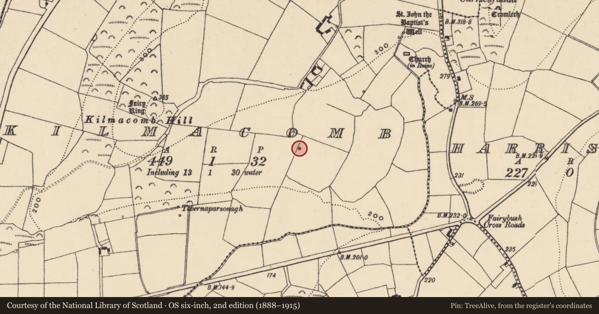 Ordnance Survey six-inch map, 2nd edition (1888–1915) covering the location of Enclosure, Kilmacomb, County Waterford, with a pin at the register's coordinates
