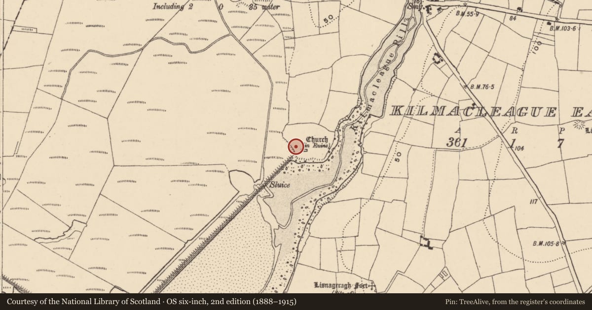 Ordnance Survey six-inch map, 2nd edition (1888–1915) covering the location of Midden, Kilmacleague West, County Waterford, with a pin at the register's coordinates