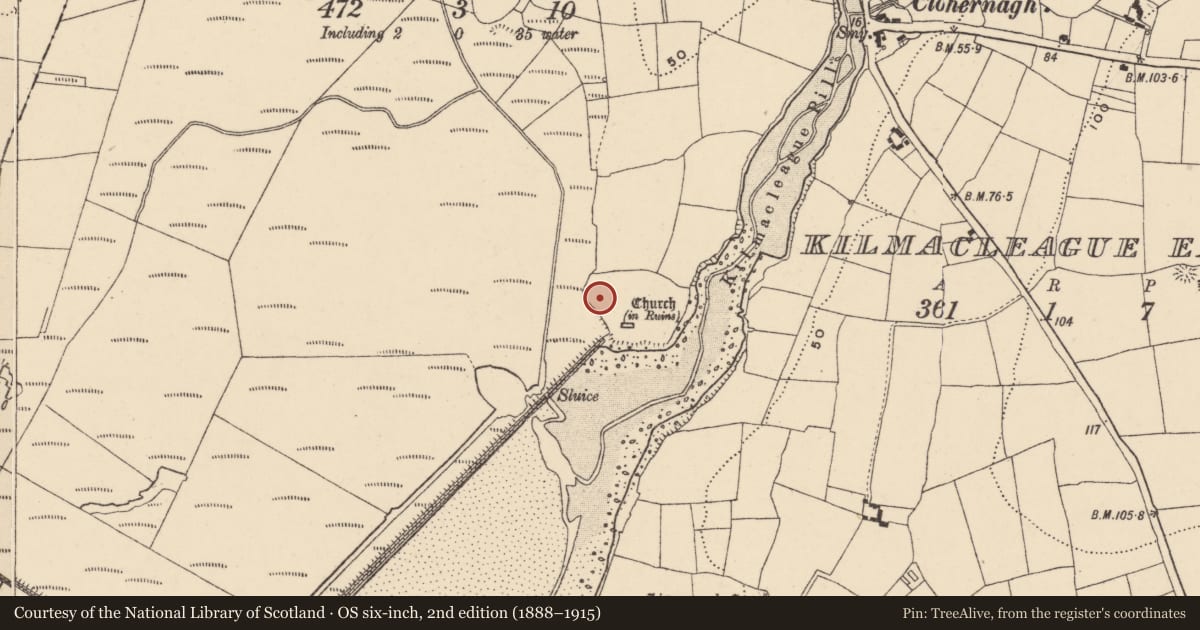 Ordnance Survey six-inch map, 2nd edition (1888–1915) covering the location of Midden, Kilmacleague West, County Waterford, with a pin at the register's coordinates