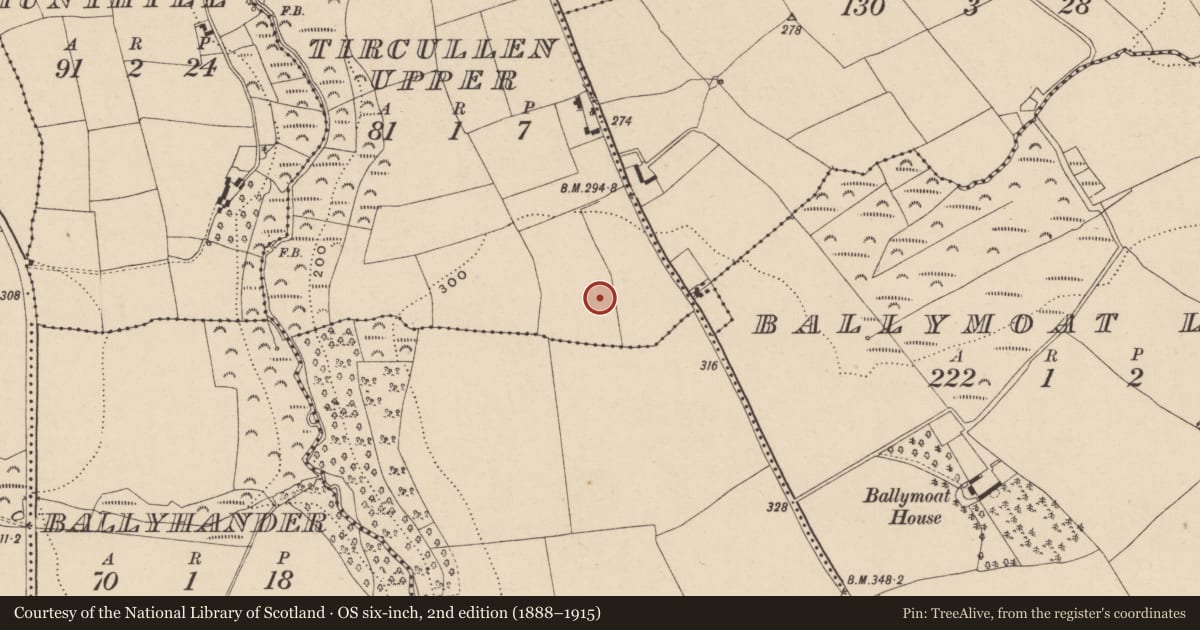 Ordnance Survey six-inch map, 2nd edition (1888–1915) covering the location of Earthwork, Tircullen Upper, County Waterford, with a pin at the register's coordinates