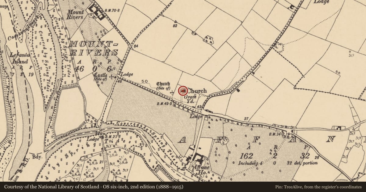 Ordnance Survey six-inch map, 2nd edition (1888–1915) covering the location of Church, Affane Hunter, County Waterford, with a pin at the register's coordinates