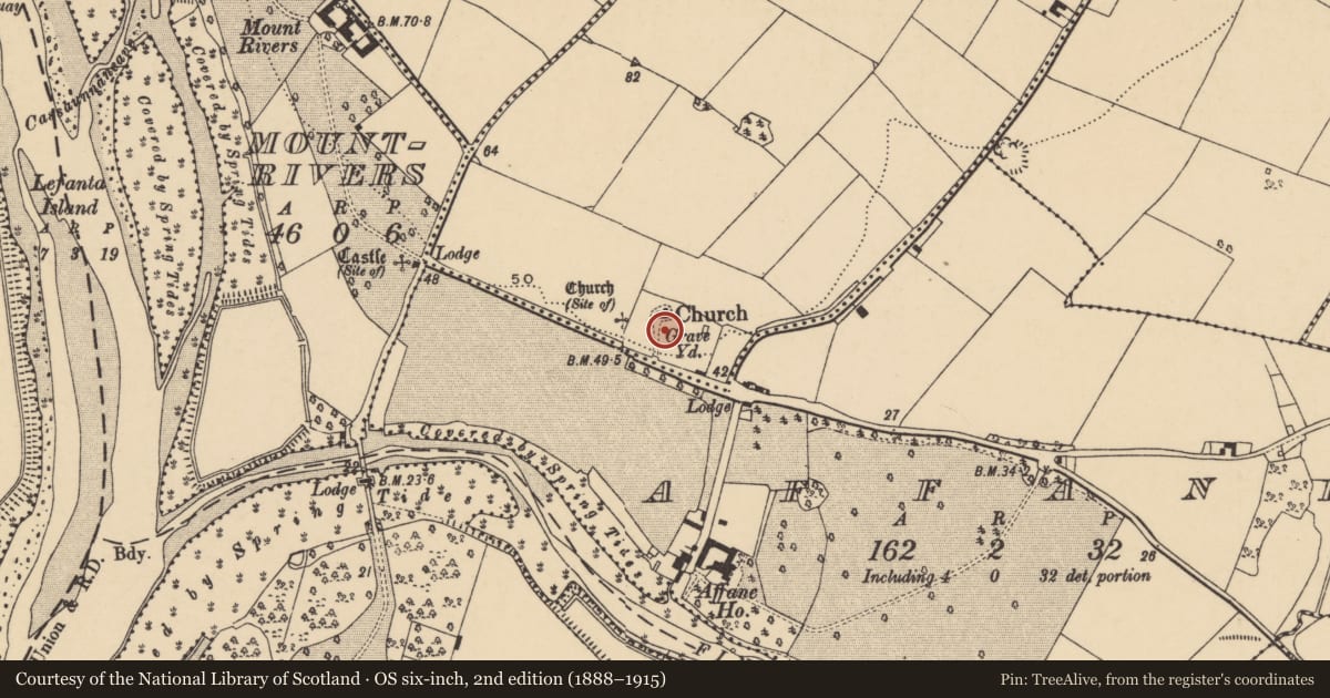 Ordnance Survey six-inch map, 2nd edition (1888–1915) covering the location of Graveyard, Affane Hunter, County Waterford, with a pin at the register's coordinates