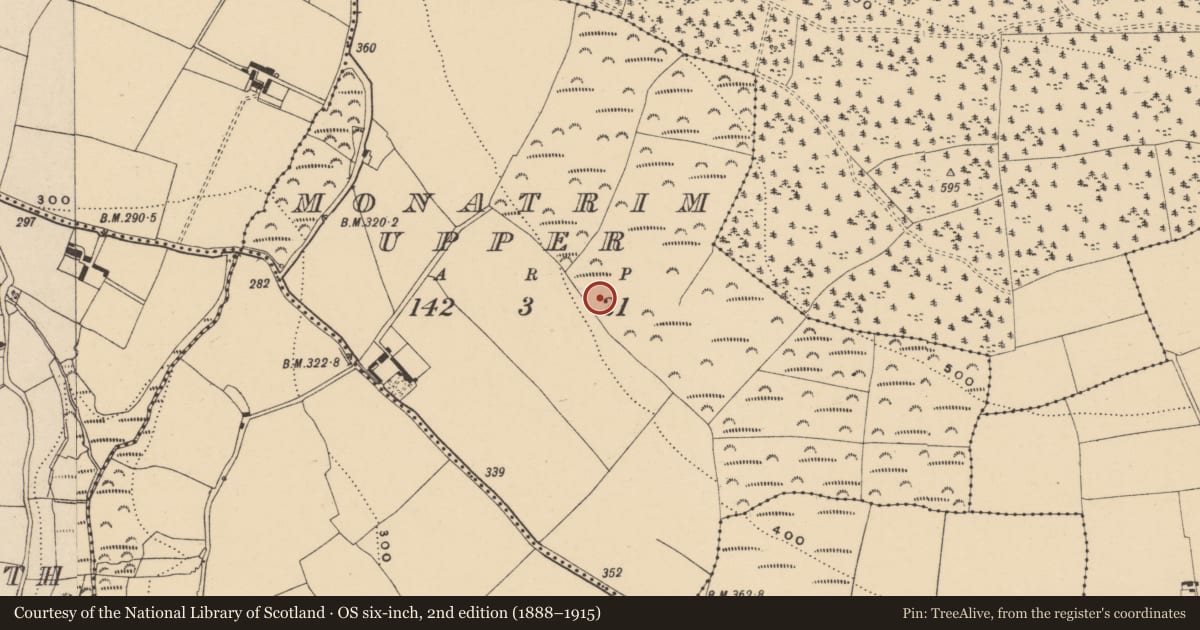 Ordnance Survey six-inch map, 2nd edition (1888–1915) covering the location of Ringfort - unclassified, Monatrim Upper, County Waterford, with a pin at the register's coordinates