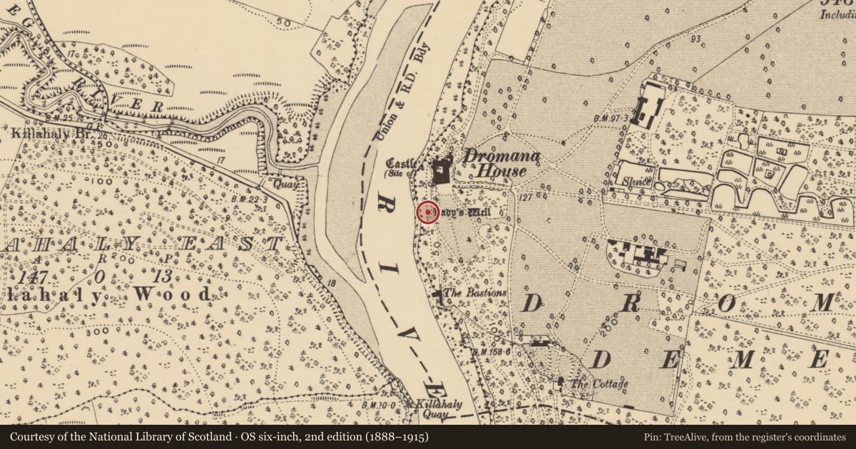 Ordnance Survey six-inch map, 2nd edition (1888–1915) covering the location of Well, Dromana, County Waterford, with a pin at the register's coordinates