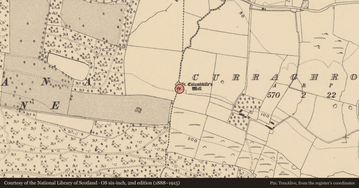 Ordnance Survey six-inch map, 2nd edition (1888–1915) covering the location of Architectural fragment, Curraghroche, County Waterford, with a pin at the register's coordinates