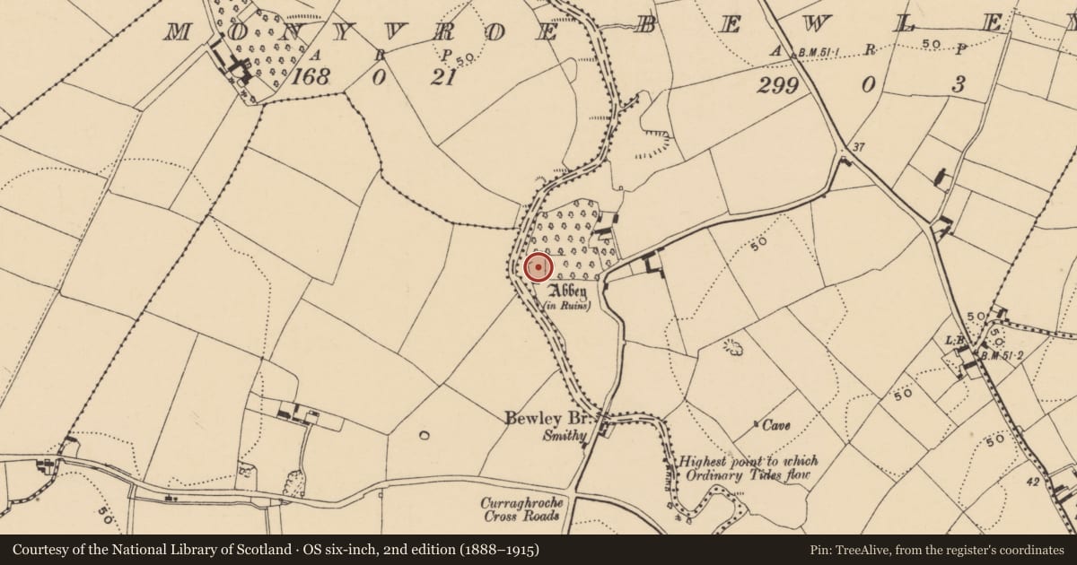 Ordnance Survey six-inch map, 2nd edition (1888–1915) covering the location of Walled garden, Bewley, County Waterford, with a pin at the register's coordinates