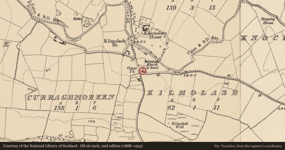 Ordnance Survey six-inch map, 2nd edition (1888–1915) covering the location of Font, Kilmolash, County Waterford, with a pin at the register's coordinates