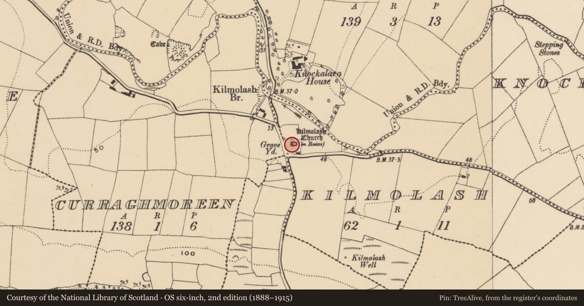 Ordnance Survey six-inch map, 2nd edition (1888–1915) covering the location of Cross-inscribed stone, Kilmolash, County Waterford, with a pin at the register's coordinates