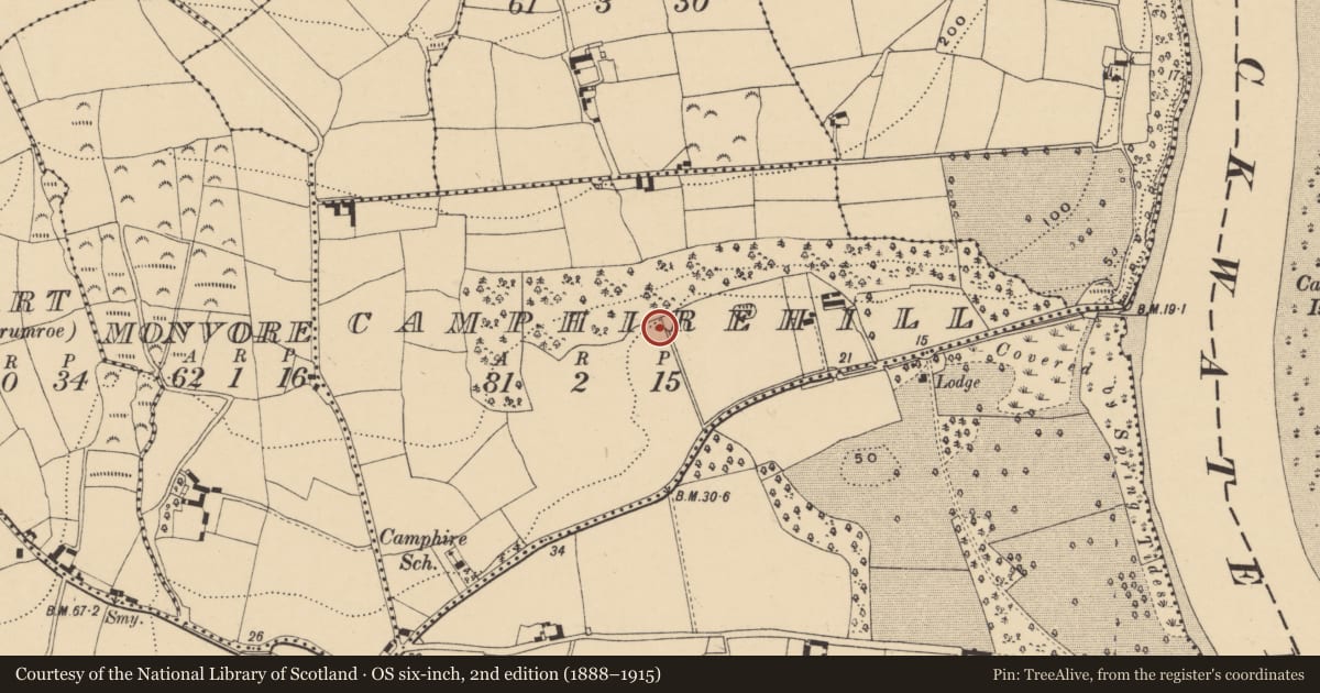 Ordnance Survey six-inch map, 2nd edition (1888–1915) covering the location of Ritual site - holy well, Camphire Hill, County Waterford, with a pin at the register's coordinates
