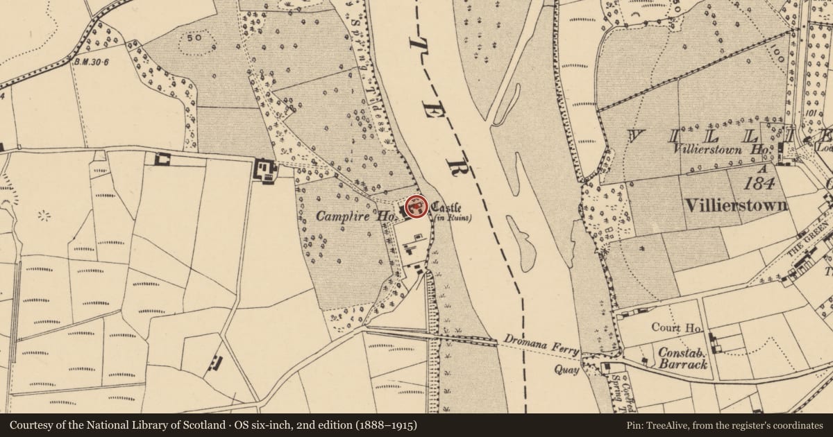 Ordnance Survey six-inch map, 2nd edition (1888–1915) covering the location of Castle - tower house, Camphire, County Waterford, with a pin at the register's coordinates
