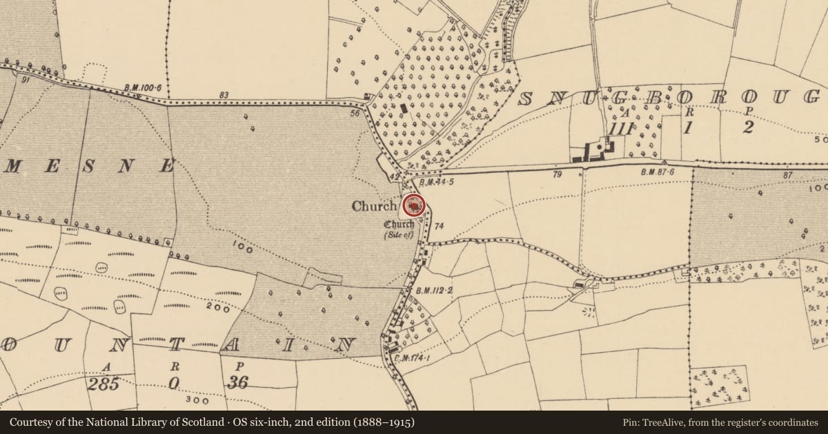Ordnance Survey six-inch map, 2nd edition (1888–1915) covering the location of Church, Fountain, County Waterford, with a pin at the register's coordinates