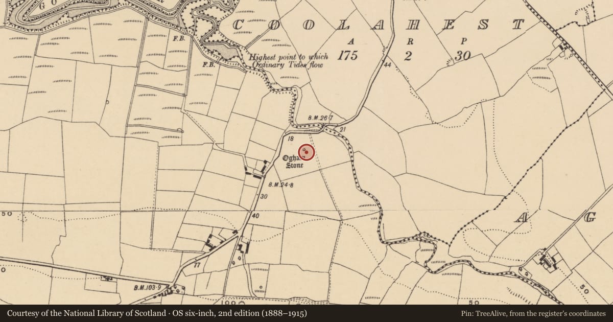 Ordnance Survey six-inch map, 2nd edition (1888–1915) covering the location of Burial ground, Dromore, County Waterford, with a pin at the register's coordinates