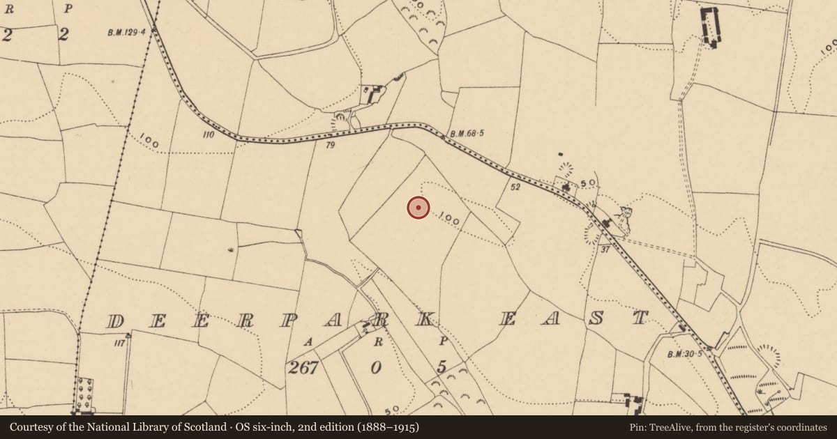 Ordnance Survey six-inch map, 2nd edition (1888–1915) covering the location of Deer park, County Waterford, with a pin at the register's coordinates