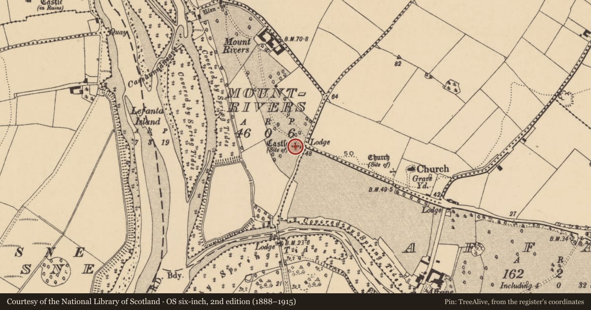 Ordnance Survey six-inch map, 2nd edition (1888–1915) covering the location of Castle - unclassified, Mountrivers, County Waterford, with a pin at the register's coordinates