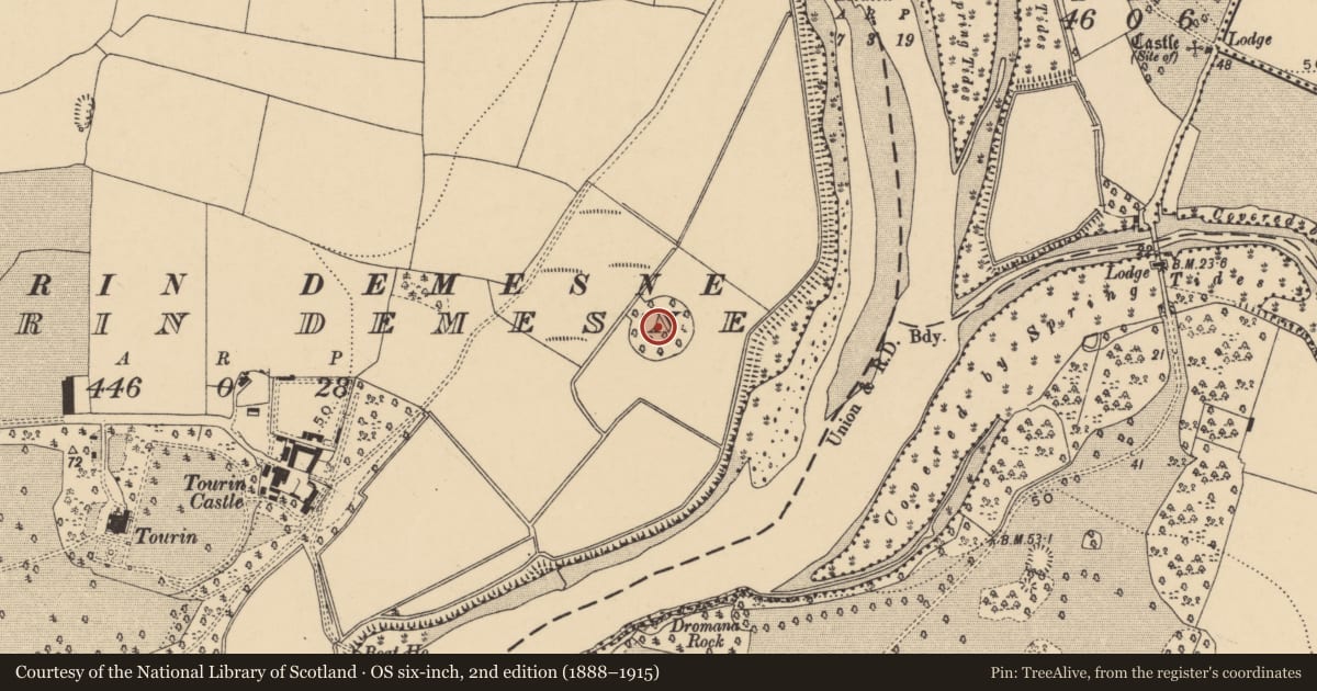 Ordnance Survey six-inch map, 2nd edition (1888–1915) covering the location of Enclosure, Tourin Demesne, County Waterford, with a pin at the register's coordinates