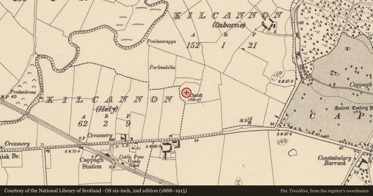Ordnance Survey six-inch map, 2nd edition (1888–1915) covering the location of Church, Kilcannon (Osborne), County Waterford, with a pin at the register's coordinates
