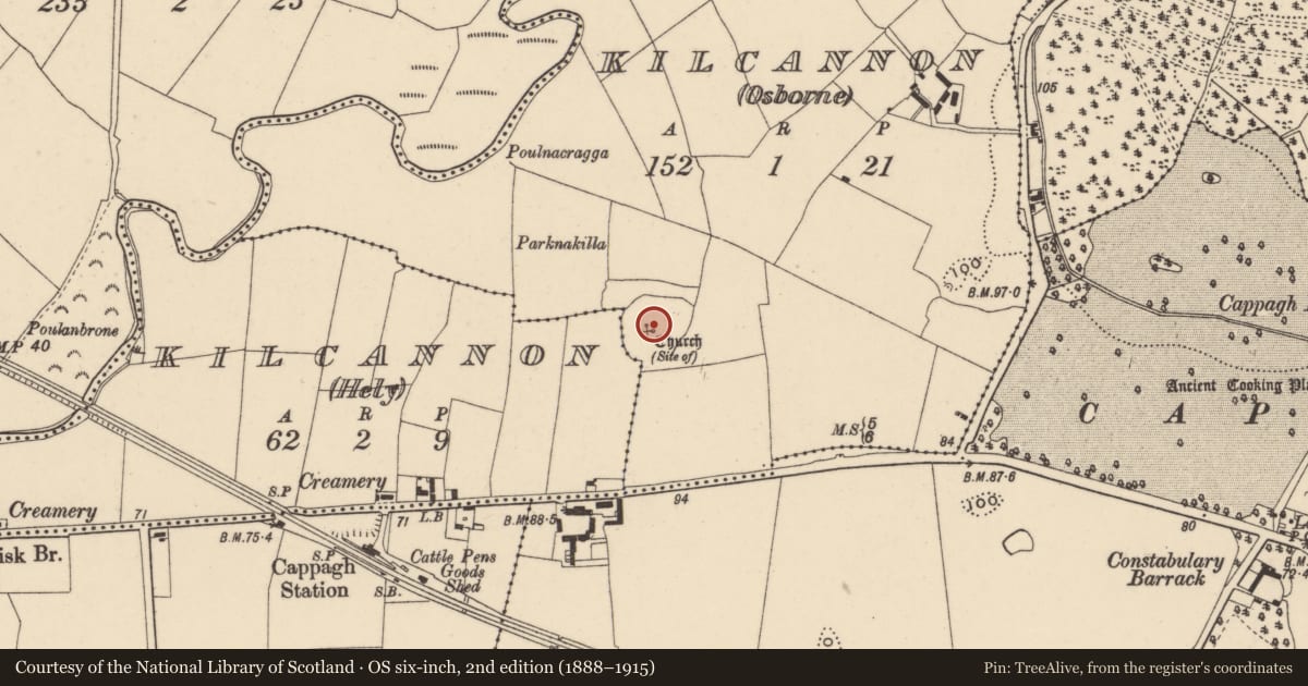 Ordnance Survey six-inch map, 2nd edition (1888–1915) covering the location of Graveyard, Kilcannon (Osborne), County Waterford, with a pin at the register's coordinates
