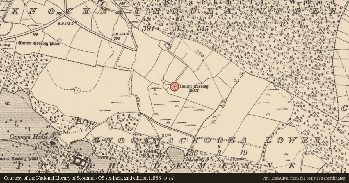 Ordnance Survey six-inch map, 2nd edition (1888–1915) covering the location of Burnt mound, Knocknacrooha Upper, County Waterford, with a pin at the register's coordinates