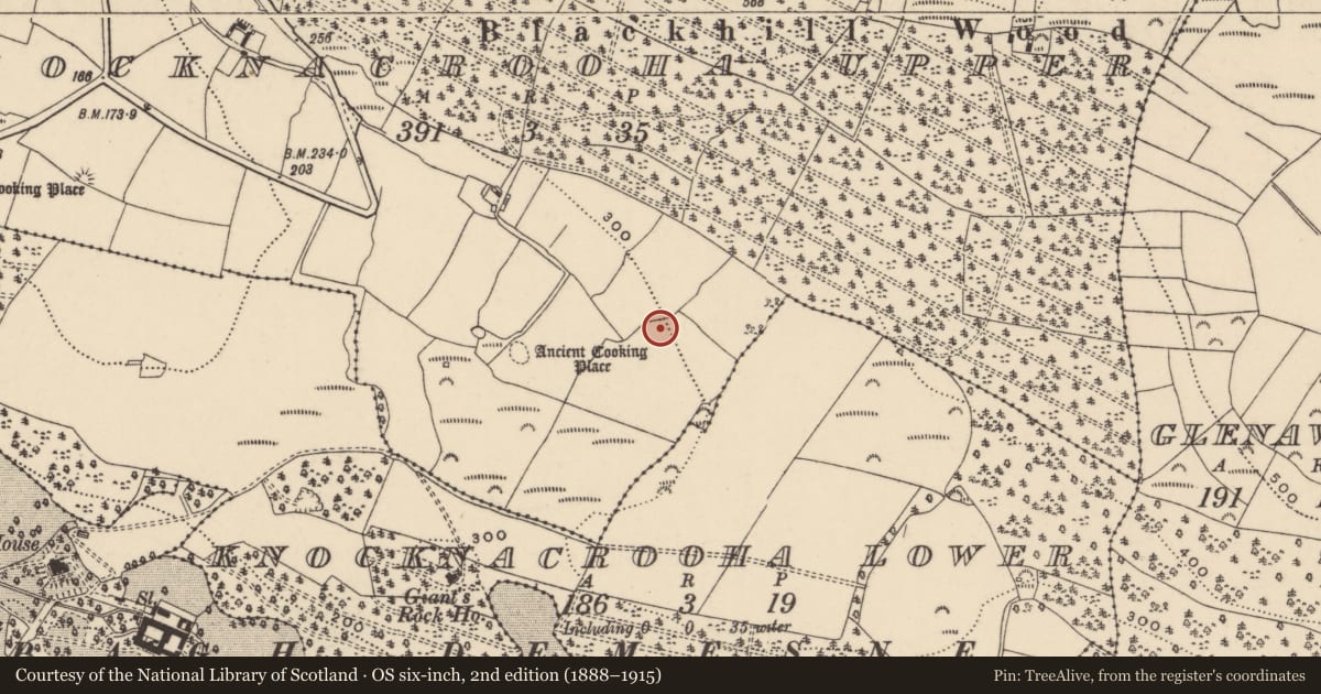 Ordnance Survey six-inch map, 2nd edition (1888–1915) covering the location of Ringfort - unclassified, Knocknacrooha Upper, County Waterford, with a pin at the register's coordinates
