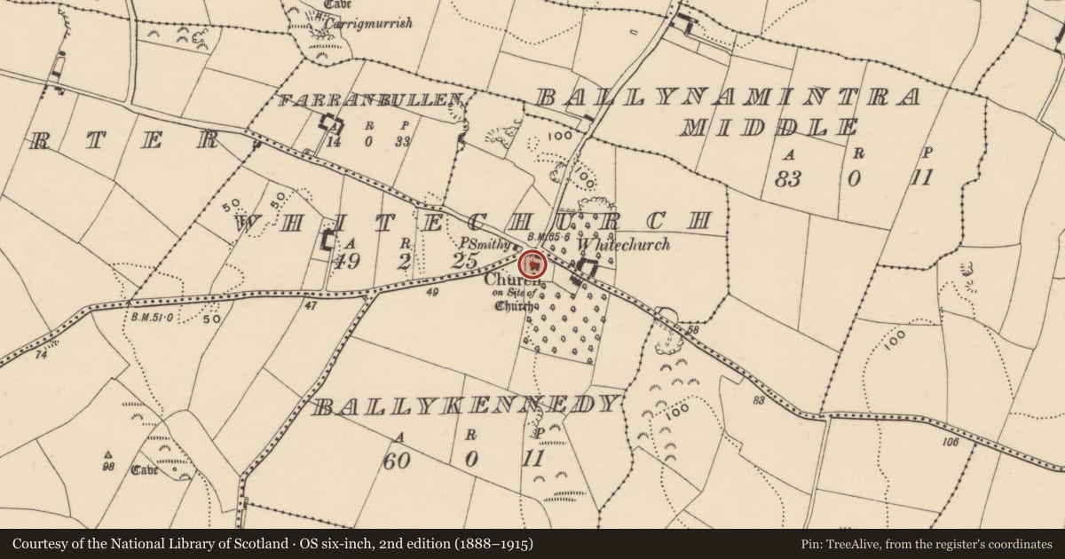 Ordnance Survey six-inch map, 2nd edition (1888–1915) covering the location of Church, Ballykennedy, County Waterford, with a pin at the register's coordinates