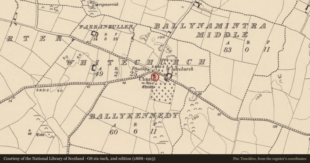 Ordnance Survey six-inch map, 2nd edition (1888–1915) covering the location of Architectural fragment, Ballykennedy, County Waterford, with a pin at the register's coordinates