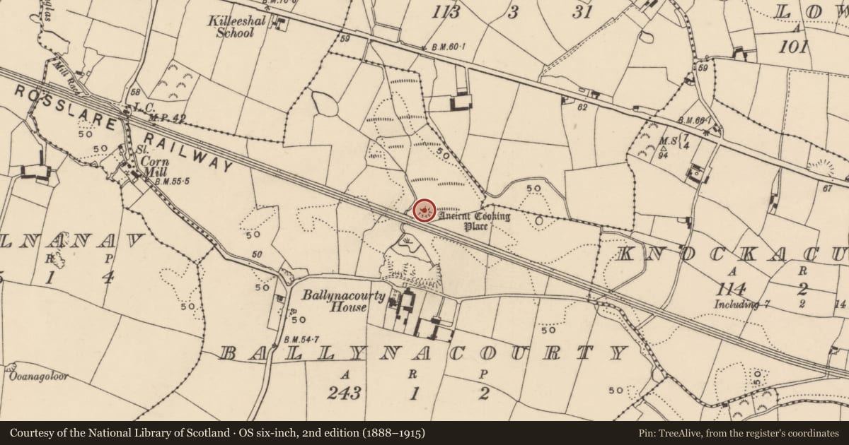 Ordnance Survey six-inch map, 2nd edition (1888–1915) covering the location of Burnt mound, Ballynacourty (Decies without Drum By., Whitechurch Par.), County Waterford, with a pin at the register's coordinates