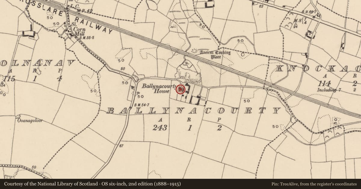 Ordnance Survey six-inch map, 2nd edition (1888–1915) covering the location of House - 18th/19th century, Ballynacourty (Decies without Drum By., Whitechurch Par.), County Waterford, with a pin at the register's coordinates