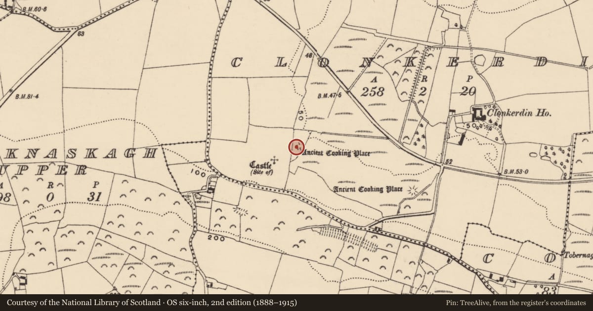 Ordnance Survey six-inch map, 2nd edition (1888–1915) covering the location of Fulacht fia, Clonkerdin, County Waterford, with a pin at the register's coordinates