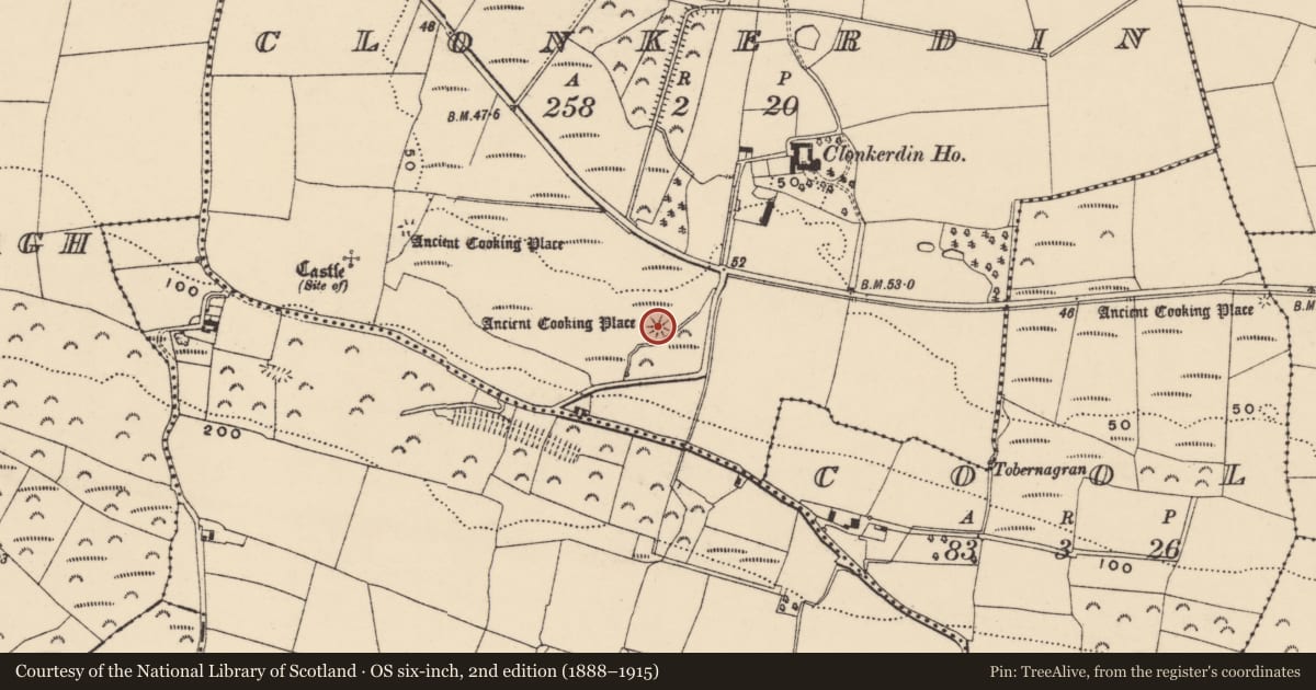 Ordnance Survey six-inch map, 2nd edition (1888–1915) covering the location of Burnt mound, Clonkerdin, County Waterford, with a pin at the register's coordinates