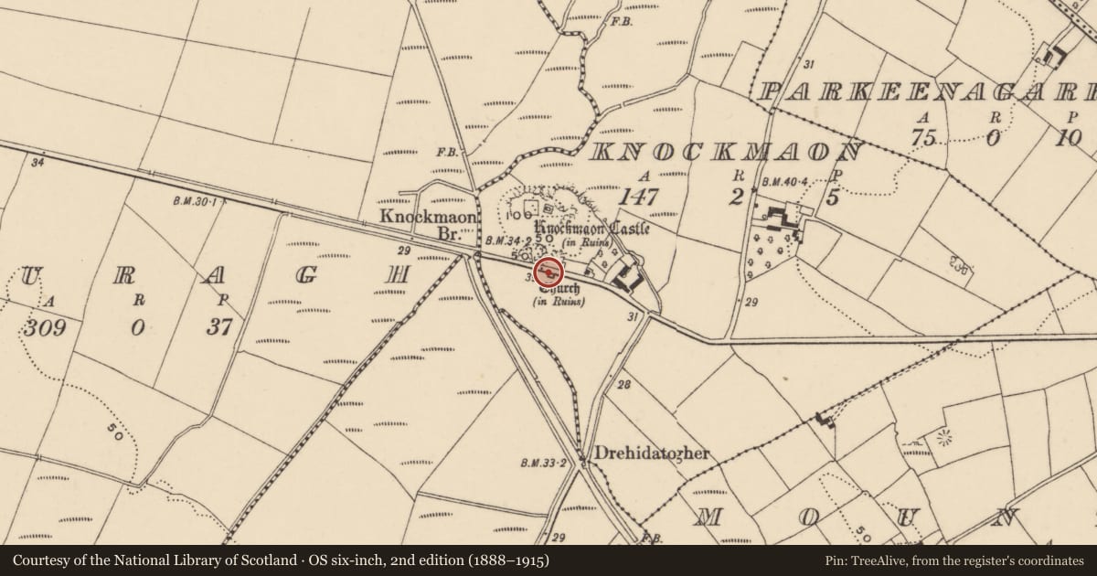 Ordnance Survey six-inch map, 2nd edition (1888–1915) covering the location of Graveyard, Knockmaon, County Waterford, with a pin at the register's coordinates